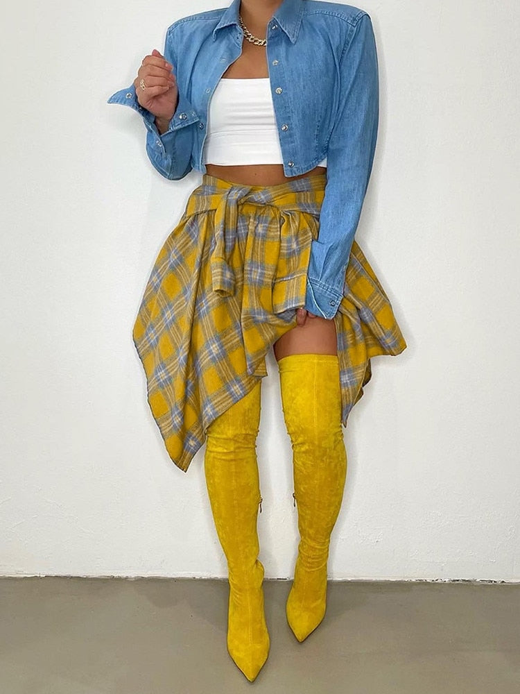 Plaid Checkered Tie Dye Patchwork Pleated Skirt