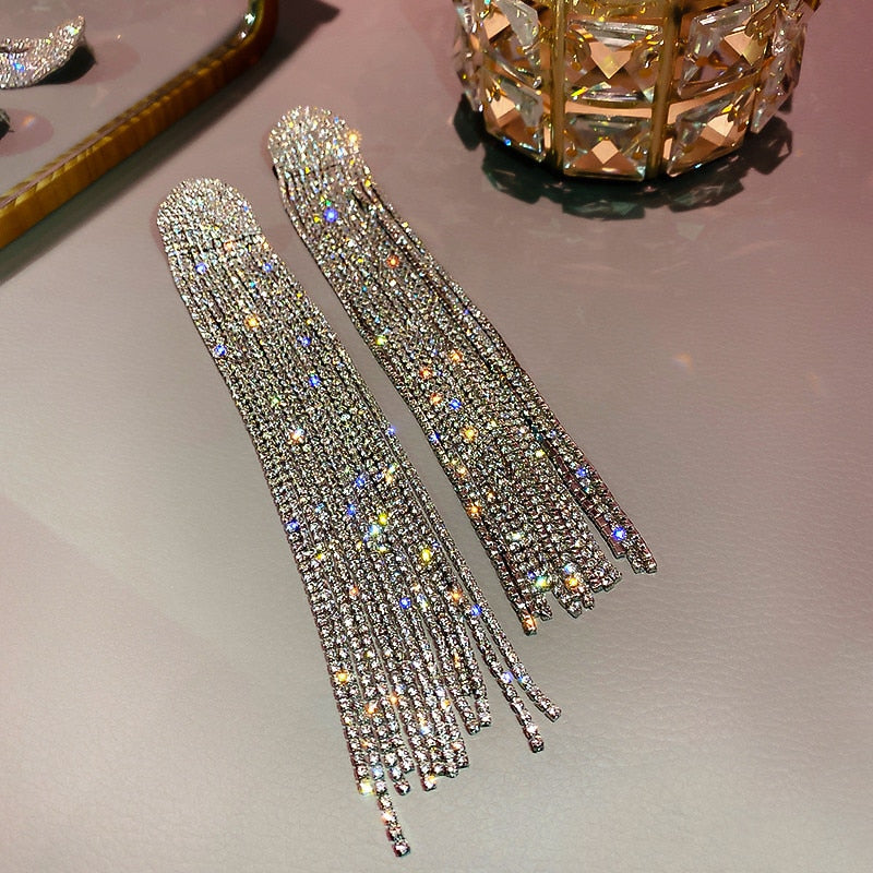 Long Tassel Rhinestone Drop Earrings