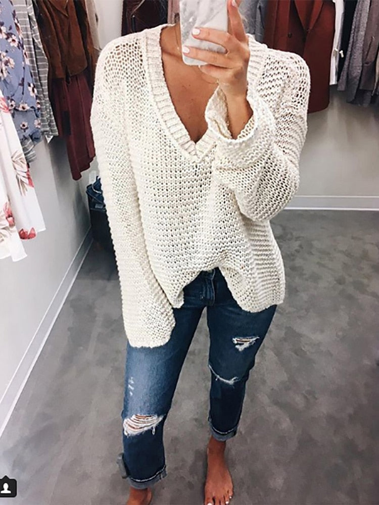 V-Neck Loose Hollow Out Knitwear Sweater