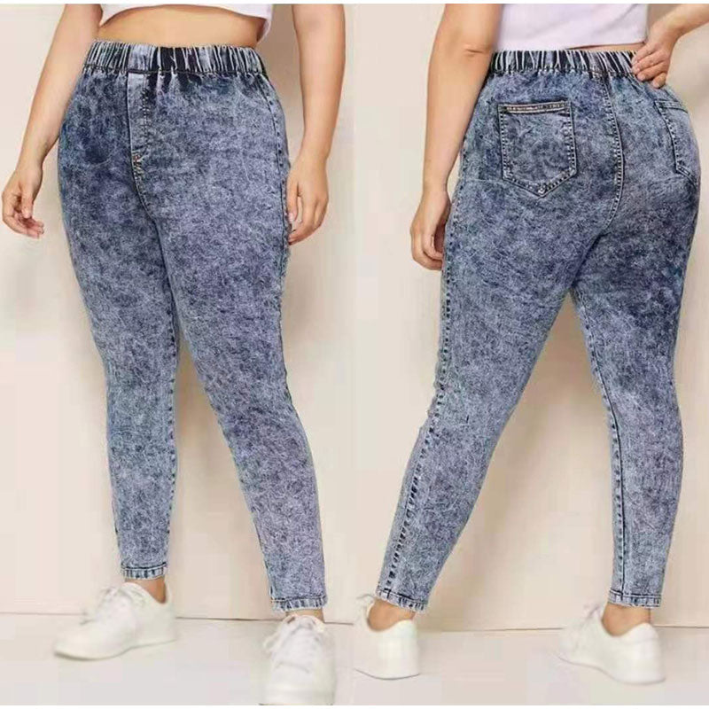 Elastic High Waist Acid Wash Pencil Jeans