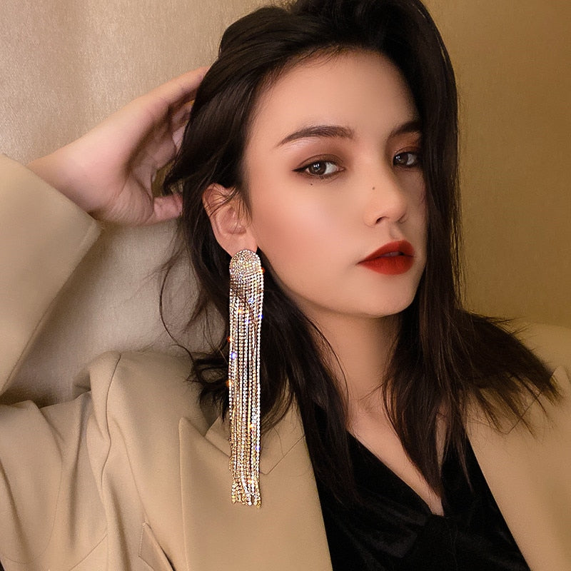 Long Tassel Rhinestone Drop Earrings