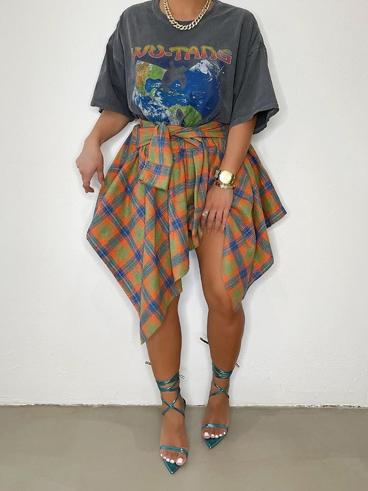 Plaid Checkered Tie Dye Patchwork Pleated Skirt