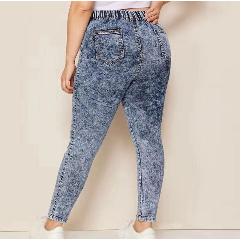 Elastic High Waist Acid Wash Pencil Jeans