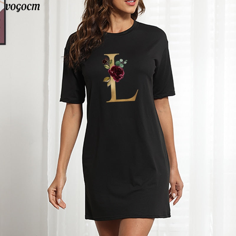 Women's Alphabet Flower Loose Casual Dress