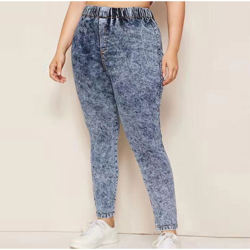 Elastic High Waist Acid Wash Pencil Jeans