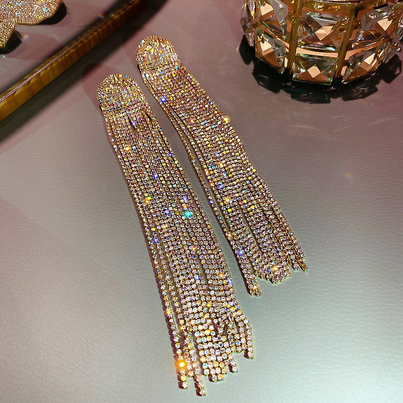 Long Tassel Rhinestone Drop Earrings