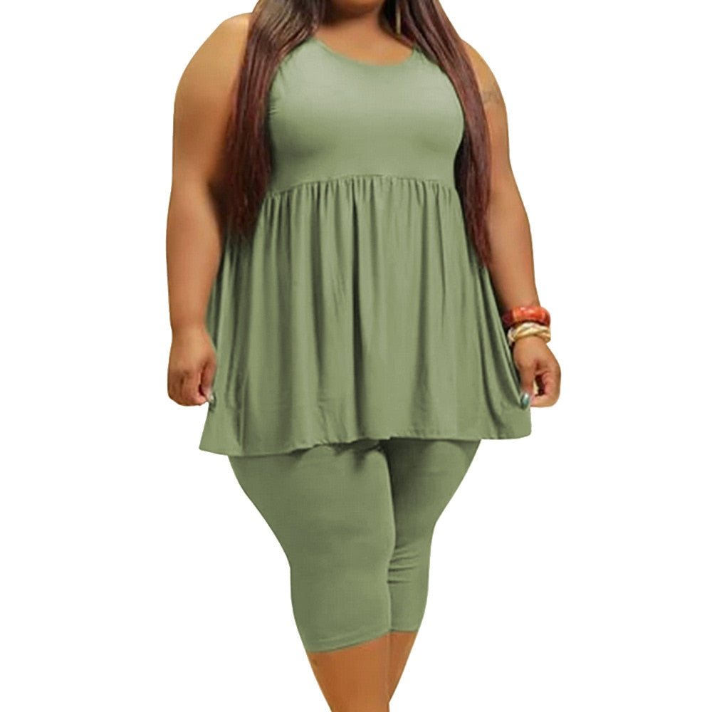 Plus Size Two Piece Draped Solid Color Casual Loose Short Set