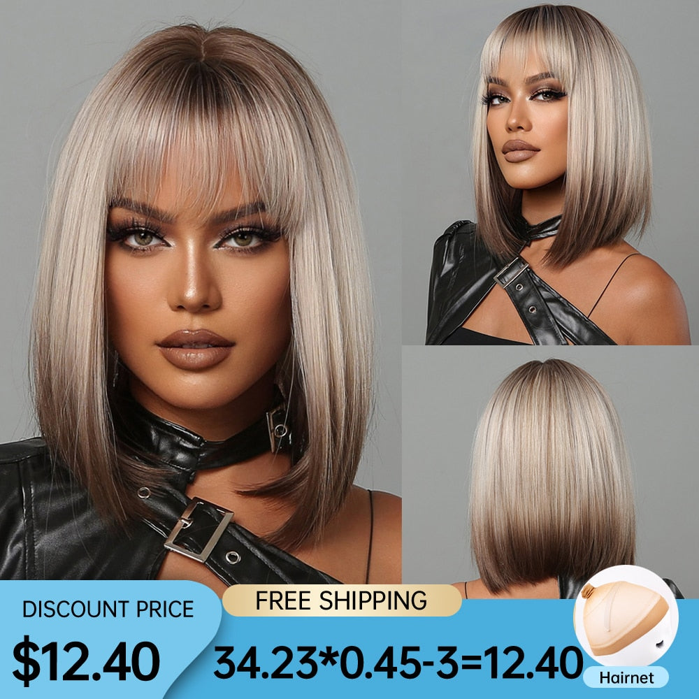 Heat-Resistant Straight Synthetic Wigs with Bangs