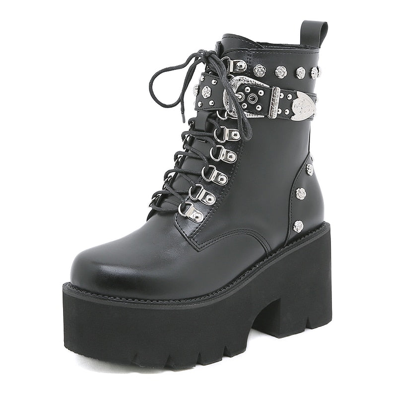 Platform Black Leather Combat Boots