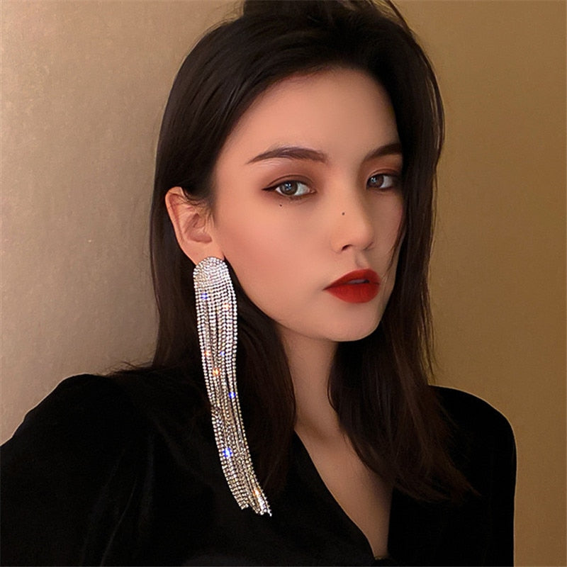 Long Tassel Rhinestone Drop Earrings