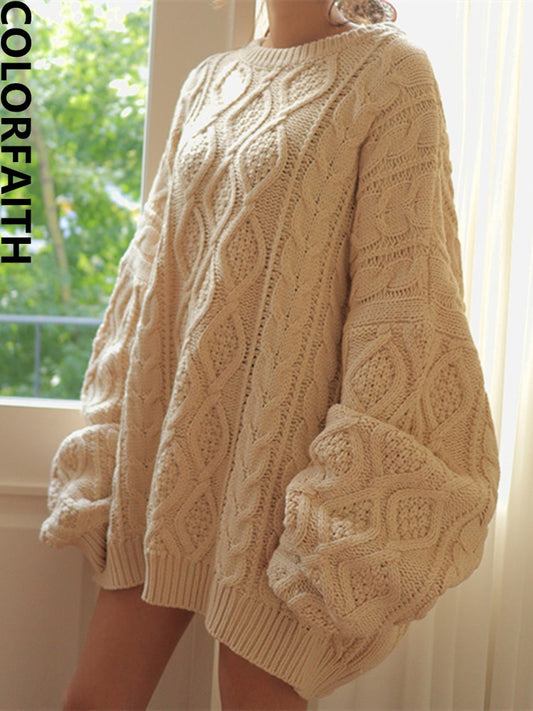 Oversized Knitted Lantern Sleeve Pullover