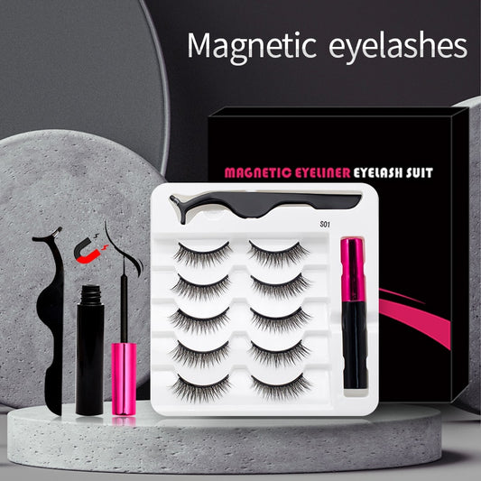 5 Pairs/Set Magnetic Eyelashes False Lashes Repeated Use Eyelashes Waterproof Liquid Eyeliner With Tweezer Makeup Set