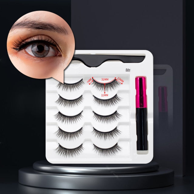 5 Pairs/Set Magnetic Eyelashes False Lashes Repeated Use Eyelashes Waterproof Liquid Eyeliner With Tweezer Makeup Set