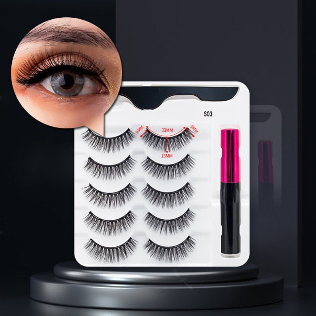 5 Pairs/Set Magnetic Eyelashes False Lashes Repeated Use Eyelashes Waterproof Liquid Eyeliner With Tweezer Makeup Set