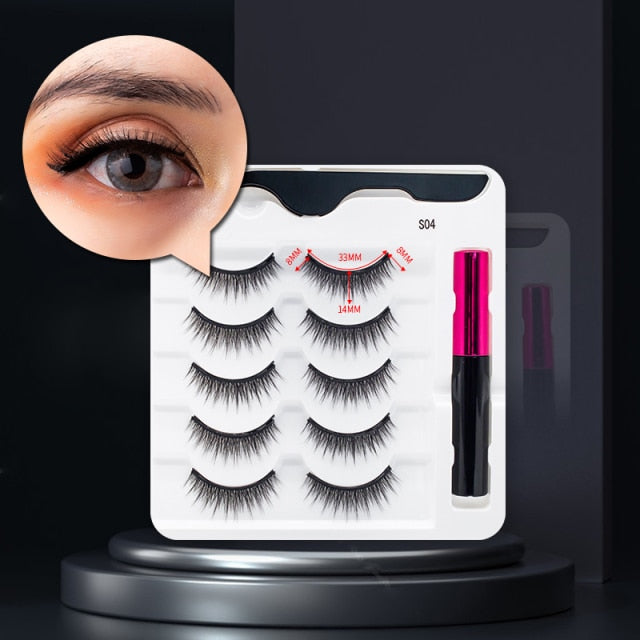 5 Pairs/Set Magnetic Eyelashes False Lashes Repeated Use Eyelashes Waterproof Liquid Eyeliner With Tweezer Makeup Set