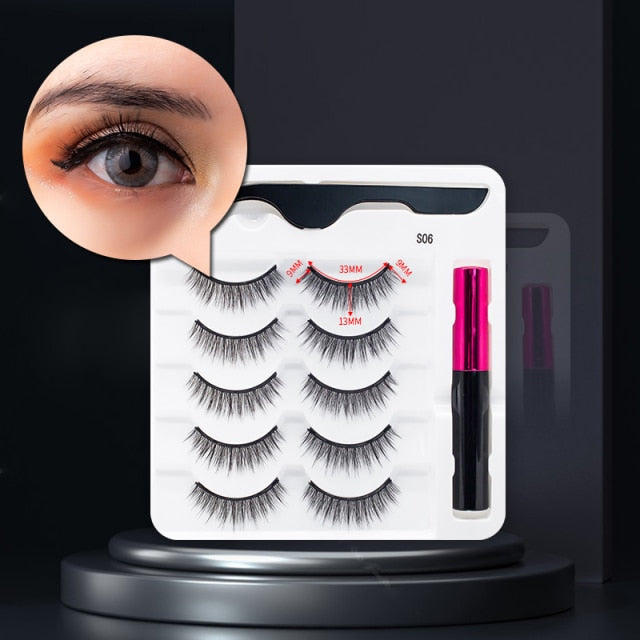 5 Pairs/Set Magnetic Eyelashes False Lashes Repeated Use Eyelashes Waterproof Liquid Eyeliner With Tweezer Makeup Set