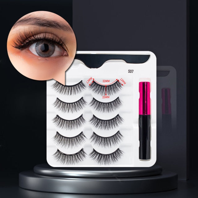 5 Pairs/Set Magnetic Eyelashes False Lashes Repeated Use Eyelashes Waterproof Liquid Eyeliner With Tweezer Makeup Set