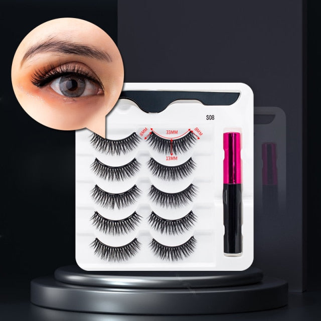 5 Pairs/Set Magnetic Eyelashes False Lashes Repeated Use Eyelashes Waterproof Liquid Eyeliner With Tweezer Makeup Set