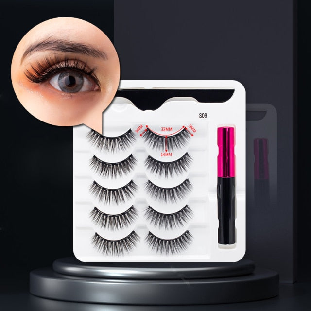 5 Pairs/Set Magnetic Eyelashes False Lashes Repeated Use Eyelashes Waterproof Liquid Eyeliner With Tweezer Makeup Set