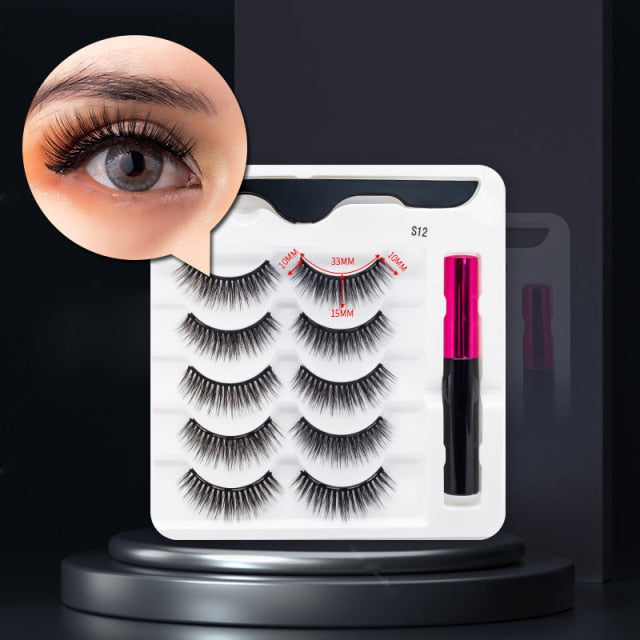 5 Pairs/Set Magnetic Eyelashes False Lashes Repeated Use Eyelashes Waterproof Liquid Eyeliner With Tweezer Makeup Set