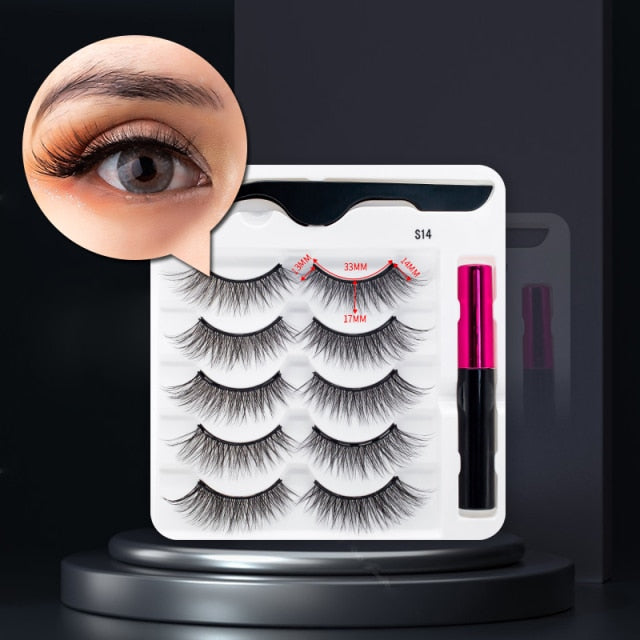 5 Pairs/Set Magnetic Eyelashes False Lashes Repeated Use Eyelashes Waterproof Liquid Eyeliner With Tweezer Makeup Set