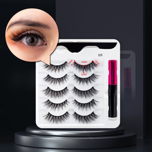 5 Pairs/Set Magnetic Eyelashes False Lashes Repeated Use Eyelashes Waterproof Liquid Eyeliner With Tweezer Makeup Set