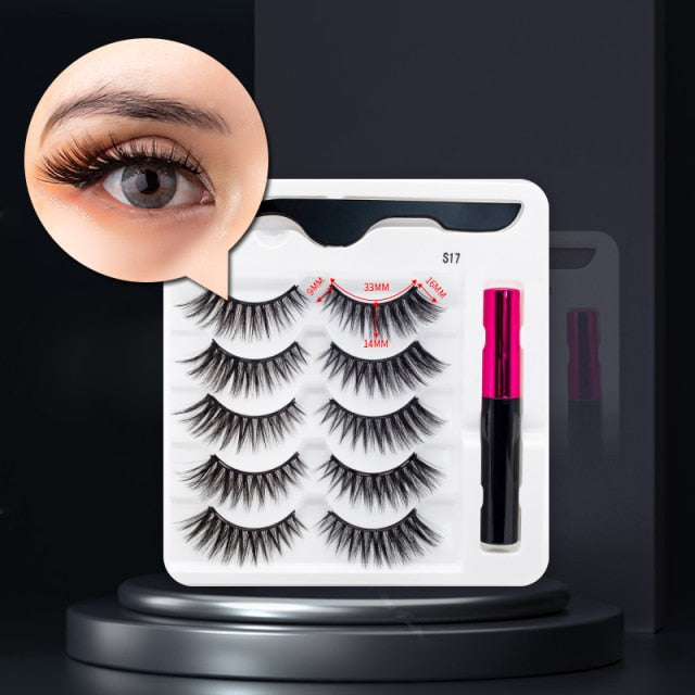 5 Pairs/Set Magnetic Eyelashes False Lashes Repeated Use Eyelashes Waterproof Liquid Eyeliner With Tweezer Makeup Set