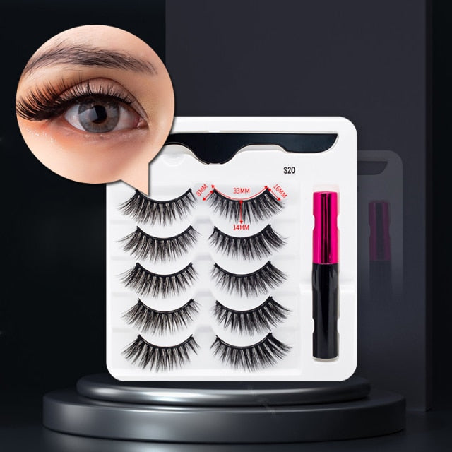 5 Pairs/Set Magnetic Eyelashes False Lashes Repeated Use Eyelashes Waterproof Liquid Eyeliner With Tweezer Makeup Set