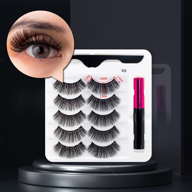 5 Pairs/Set Magnetic Eyelashes False Lashes Repeated Use Eyelashes Waterproof Liquid Eyeliner With Tweezer Makeup Set