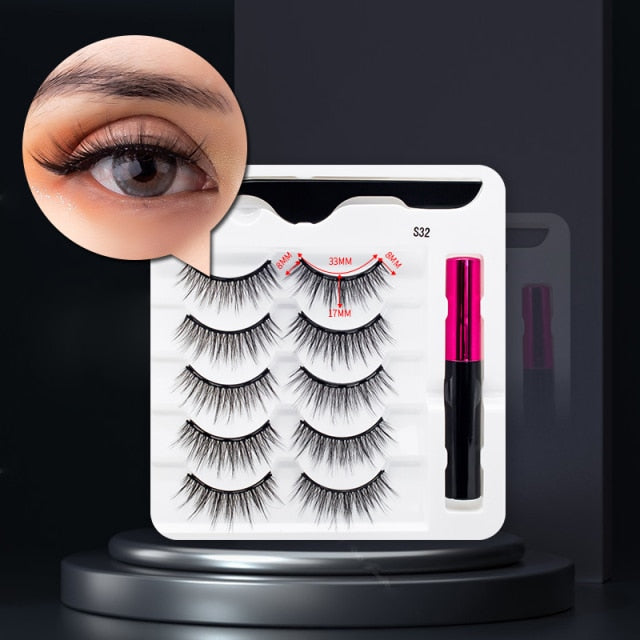 5 Pairs/Set Magnetic Eyelashes False Lashes Repeated Use Eyelashes Waterproof Liquid Eyeliner With Tweezer Makeup Set