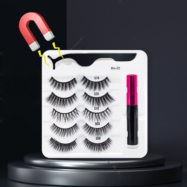 5 Pairs/Set Magnetic Eyelashes False Lashes Repeated Use Eyelashes Waterproof Liquid Eyeliner With Tweezer Makeup Set