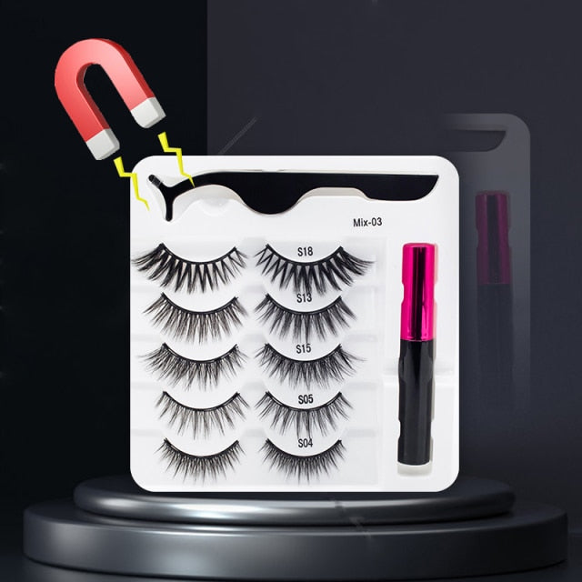 5 Pairs/Set Magnetic Eyelashes False Lashes Repeated Use Eyelashes Waterproof Liquid Eyeliner With Tweezer Makeup Set