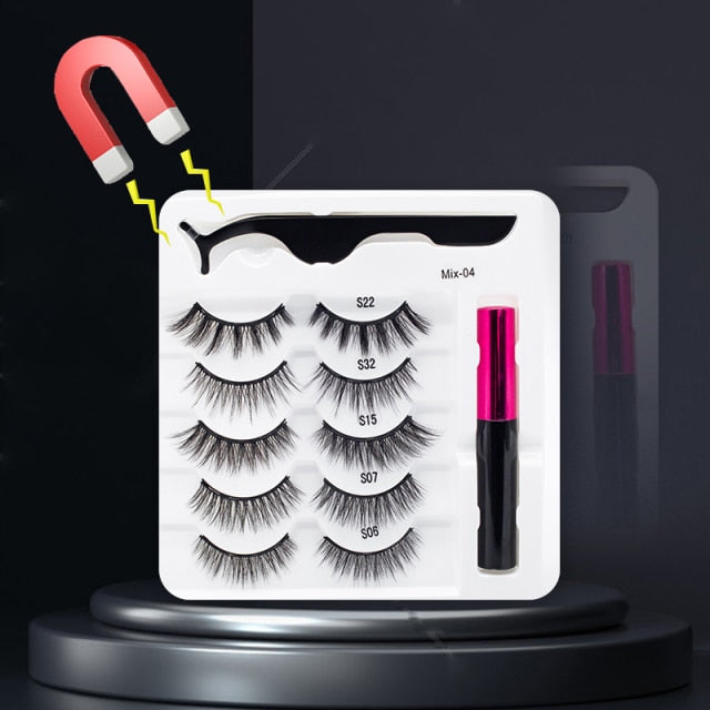 5 Pairs/Set Magnetic Eyelashes False Lashes Repeated Use Eyelashes Waterproof Liquid Eyeliner With Tweezer Makeup Set