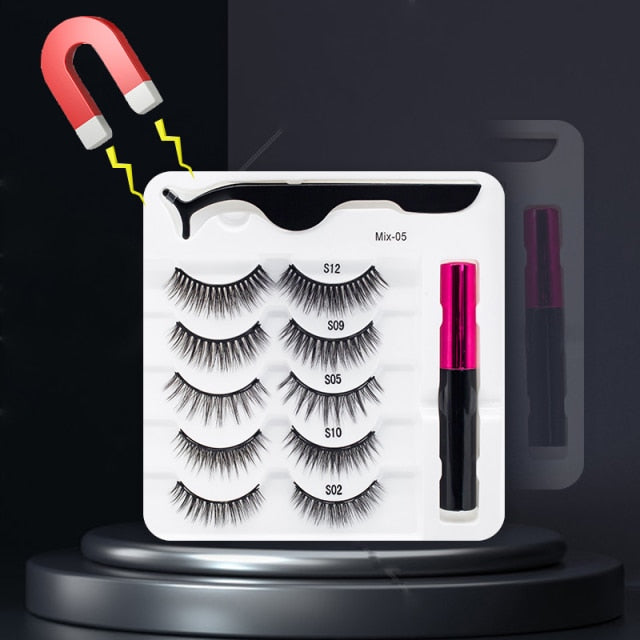 5 Pairs/Set Magnetic Eyelashes False Lashes Repeated Use Eyelashes Waterproof Liquid Eyeliner With Tweezer Makeup Set