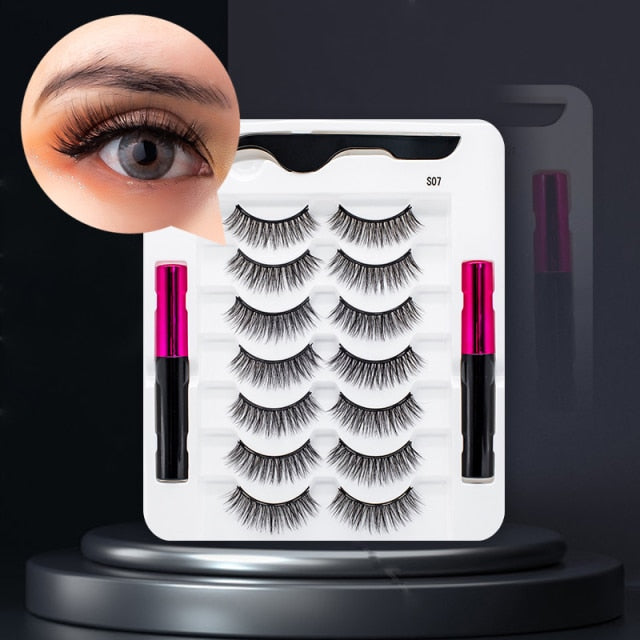 5 Pairs/Set Magnetic Eyelashes False Lashes Repeated Use Eyelashes Waterproof Liquid Eyeliner With Tweezer Makeup Set