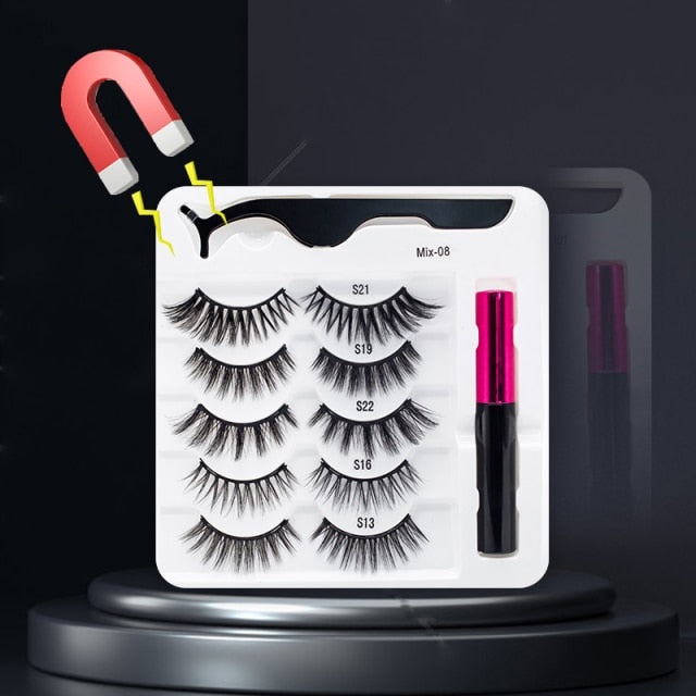 5 Pairs/Set Magnetic Eyelashes False Lashes Repeated Use Eyelashes Waterproof Liquid Eyeliner With Tweezer Makeup Set