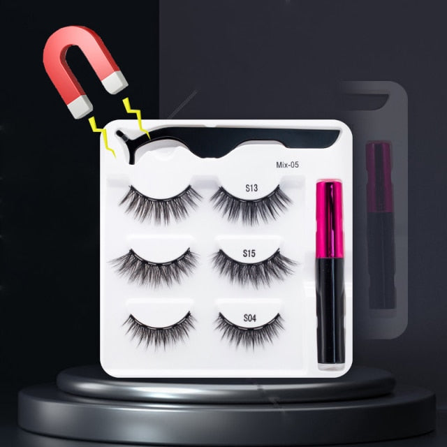 5 Pairs/Set Magnetic Eyelashes False Lashes Repeated Use Eyelashes Waterproof Liquid Eyeliner With Tweezer Makeup Set