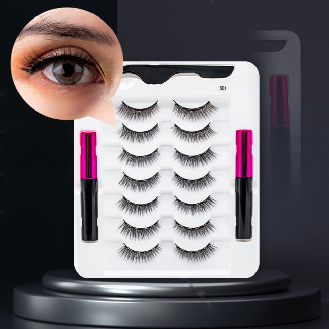 5 Pairs/Set Magnetic Eyelashes False Lashes Repeated Use Eyelashes Waterproof Liquid Eyeliner With Tweezer Makeup Set