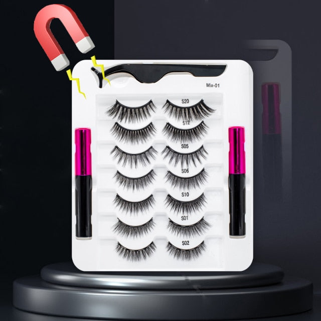 5 Pairs/Set Magnetic Eyelashes False Lashes Repeated Use Eyelashes Waterproof Liquid Eyeliner With Tweezer Makeup Set